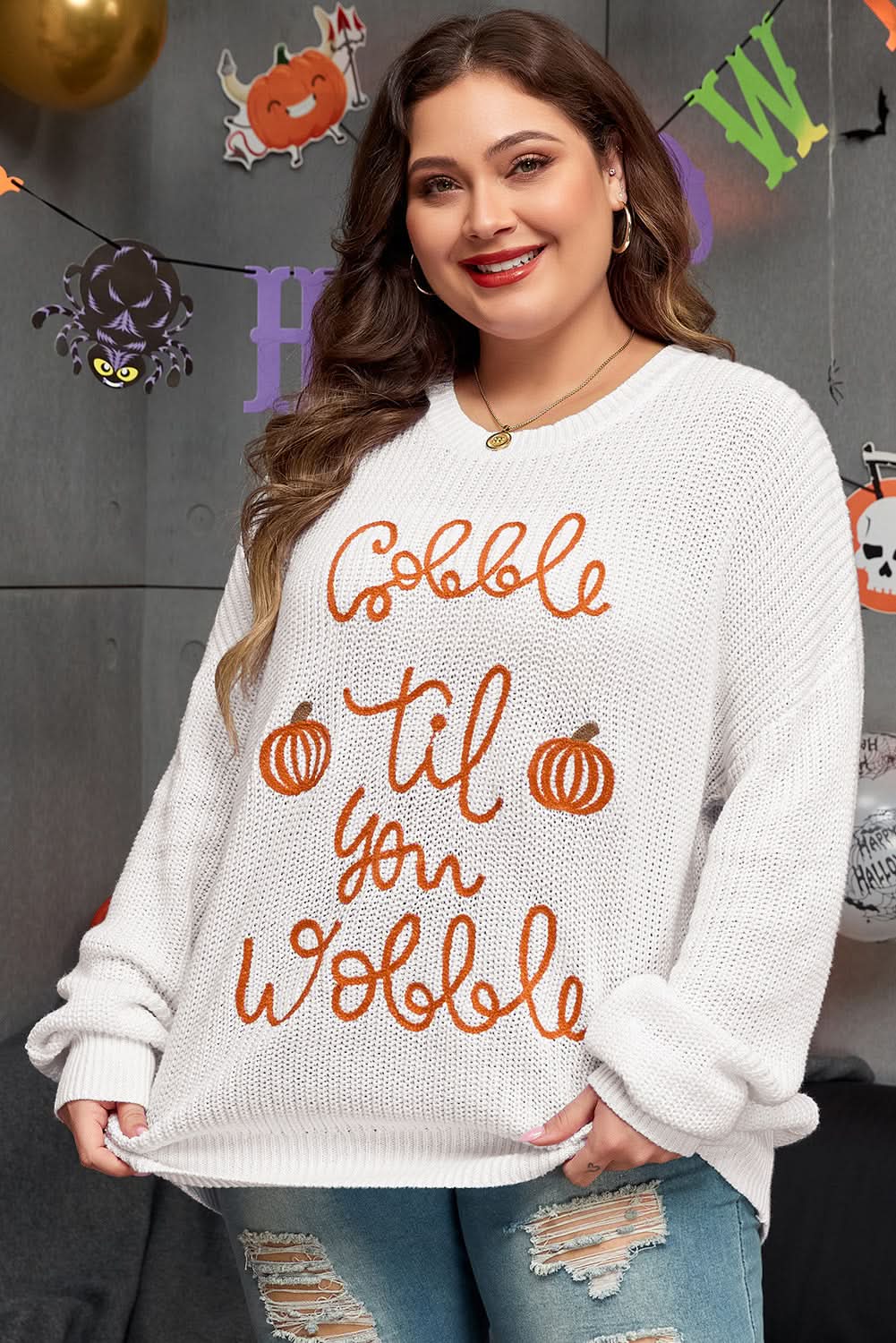 White Gobble Til You Wobble Pop Up Crochet Plus Size Sweater - Love Salve